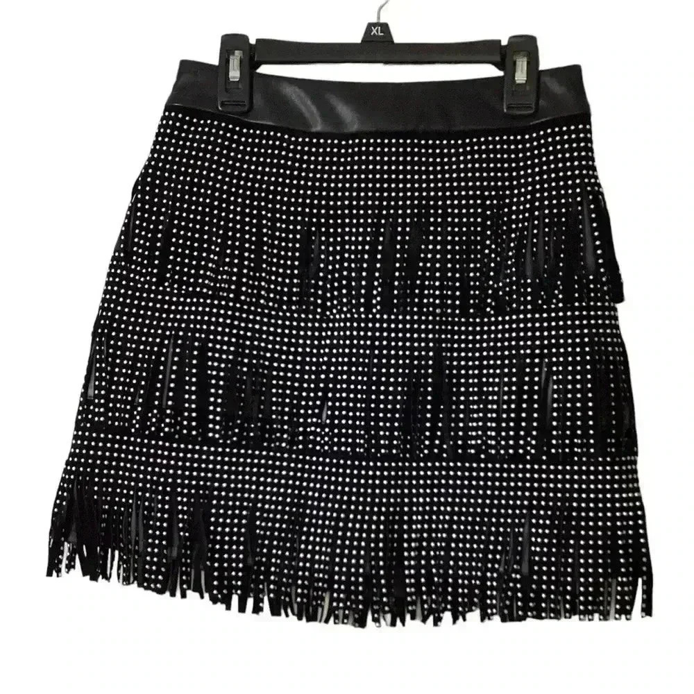 NWT Sincerely Jules Black Faux Leather Mini Skirt Studded Fringe Detail Small